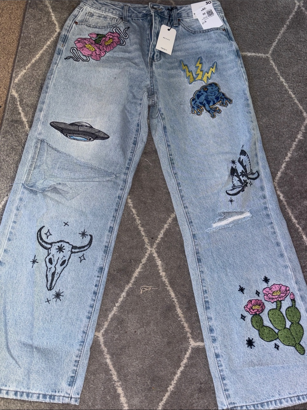 Forever 21 Light Wash Straight Leg Jeans with Colorful Embroidered Patches